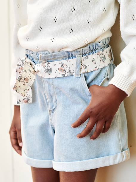 Short en denim style 'paperbag' fille denim bleached 9 - vertbaudet enfant 