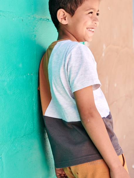 T-shirt sport colorblock garçon manches courtes gris chiné+vert d'eau 8 - vertbaudet enfant 