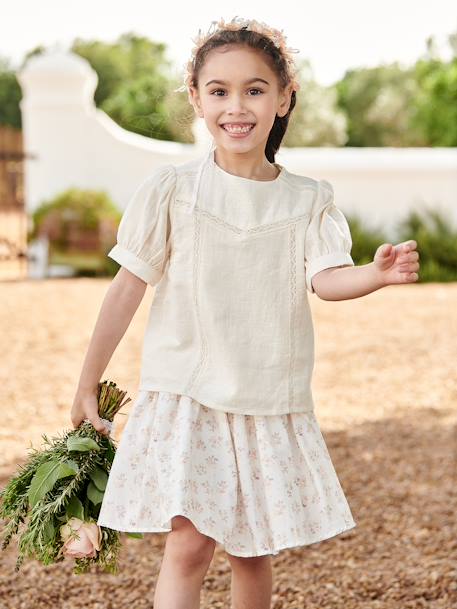 Blouse à dentelle effet lin fille écru 1 - vertbaudet enfant 