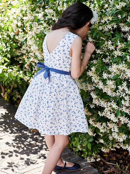 Robe de cérémonie à fleurs et plumetis fille ceinture nouée au dos écru 10 - vertbaudet enfant 