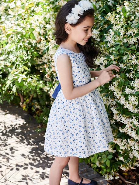 Robe de cérémonie à fleurs et plumetis fille ceinture nouée au dos écru 2 - vertbaudet enfant 