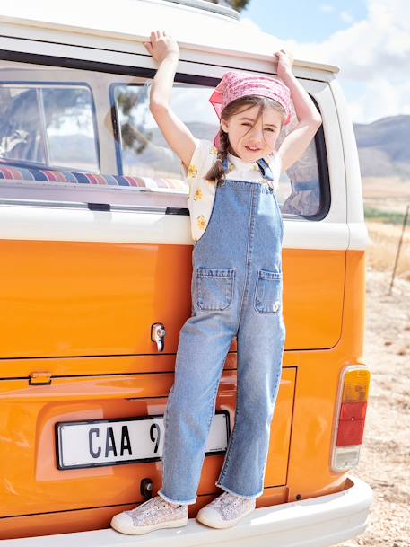 Salopette en jean fille broderie fleur fantaisie stone 1 - vertbaudet enfant 