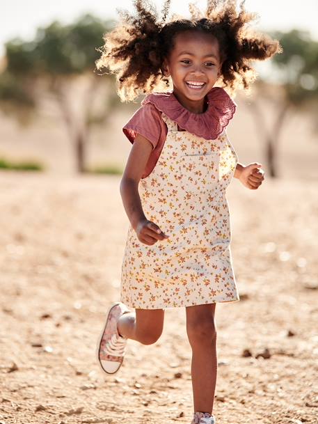 Robe-salopette à fleurs bretelles à volants gris perle 1 - vertbaudet enfant 