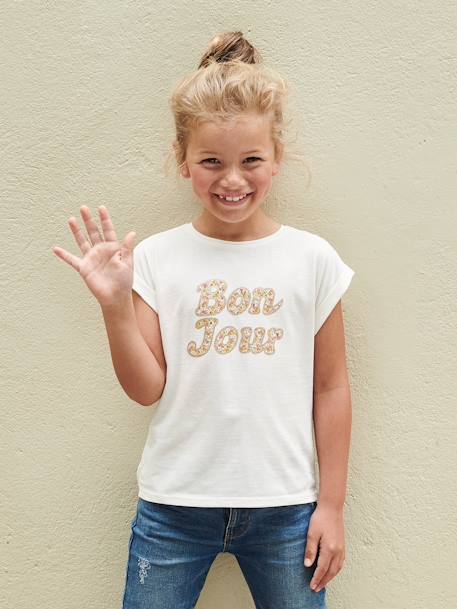 Fille-T-shirt, sous-pull-T-shirt à message motifs fleurs fille