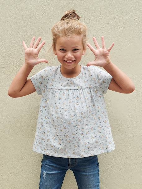 T-shirt blouse à fleurs fille bleu ciel+écru 1 - vertbaudet enfant 