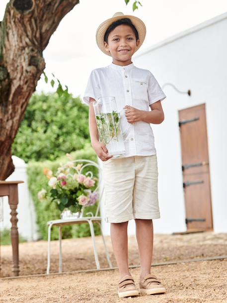 Chemise col Mao garçon en coton/ lin manches courtes blanc+bleu ciel 7 - vertbaudet enfant 