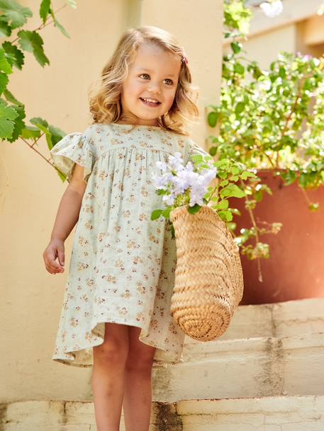 Robe fille en gaze de coton imprimée manches papillon tomette+vert d'eau 5 - vertbaudet enfant 