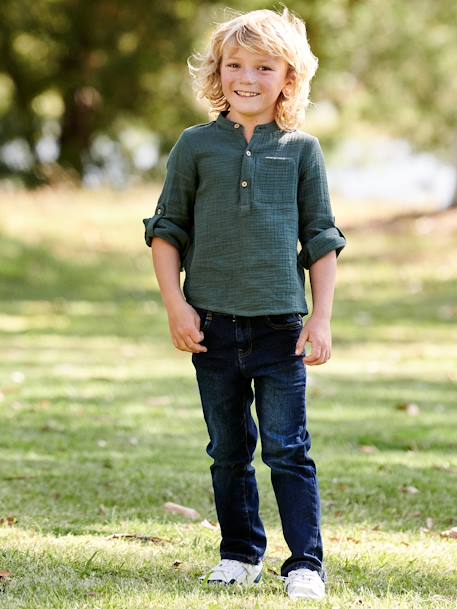 Chemise en gaze de coton personnalisable garçon manches retroussables Bleu moyen+écru+jaune+vert 31 - vertbaudet enfant 