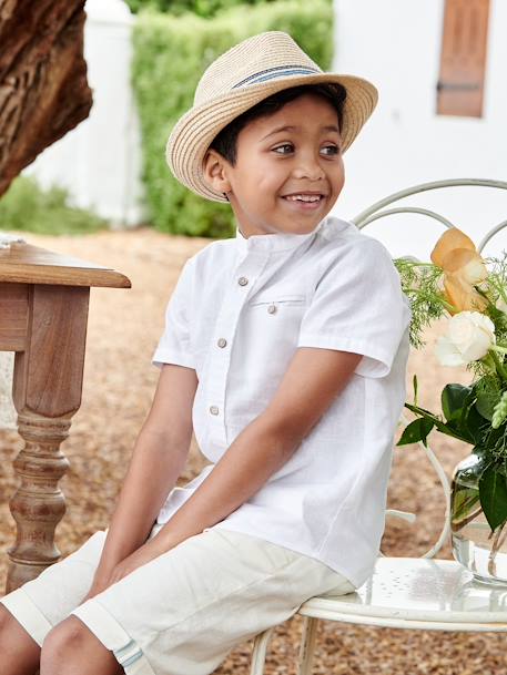 Chemise col Mao garçon en coton/ lin manches courtes blanc+bleu ciel 3 - vertbaudet enfant 