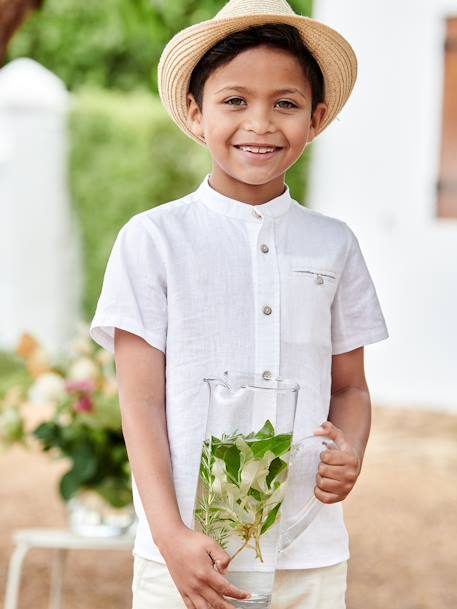 Chemise col Mao garçon en coton/ lin manches courtes blanc+bleu ciel 1 - vertbaudet enfant 