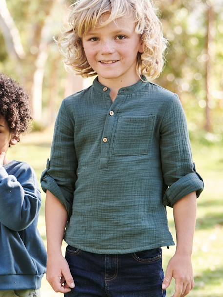 Chemise en gaze de coton personnalisable garçon manches retroussables Bleu moyen+écru+vert 14 - vertbaudet enfant 