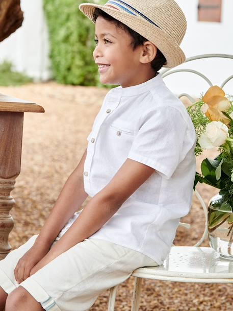 Chemise col Mao garçon en coton/ lin manches courtes blanc+bleu ciel 2 - vertbaudet enfant 