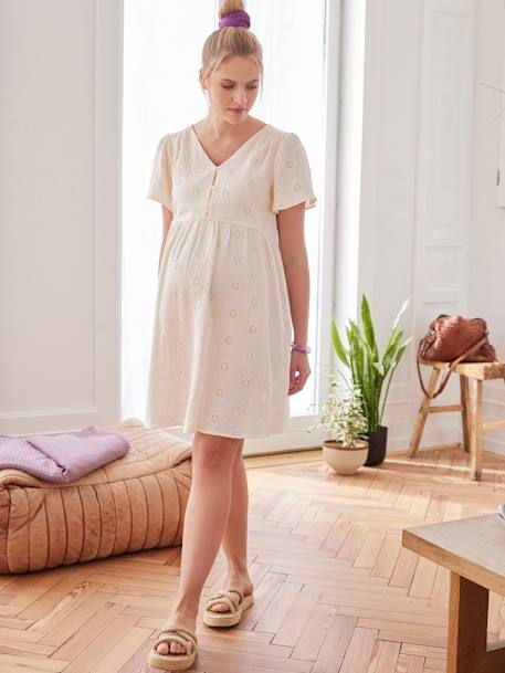 Robe gaze de coton brodé grossesse et allaitement écru+terracotta 1 - vertbaudet enfant 