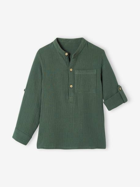 Chemise en gaze de coton personnalisable garçon manches retroussables Bleu moyen+écru+jaune+vert 27 - vertbaudet enfant 