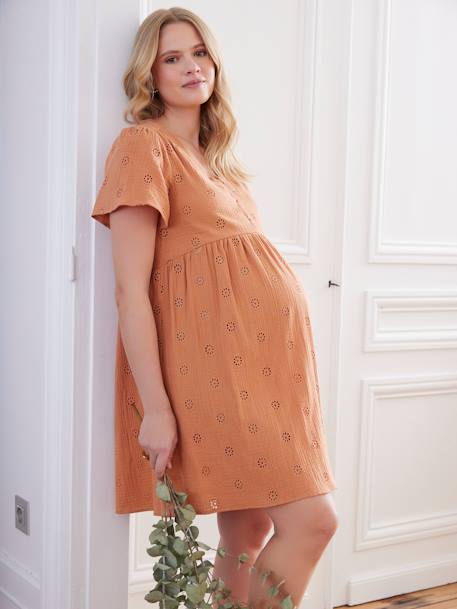 Robe gaze de coton brodé grossesse et allaitement écru+terracotta 10 - vertbaudet enfant 