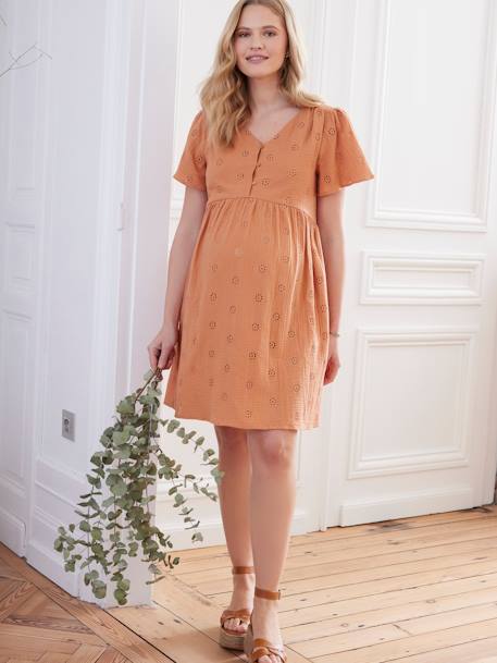 Robe gaze de coton brodé grossesse et allaitement écru+terracotta 8 - vertbaudet enfant 