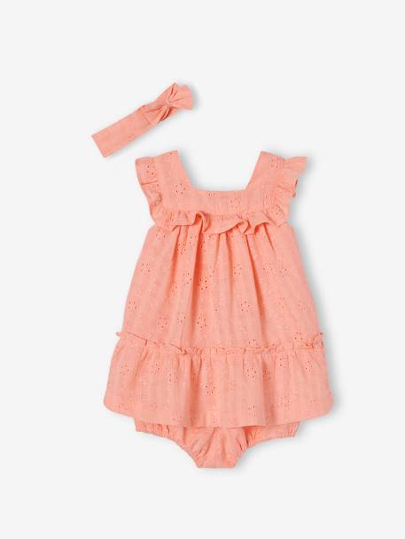 Ensemble en broderie anglaise bébé robe, bloomer et bandeau corail 1 - vertbaudet enfant 