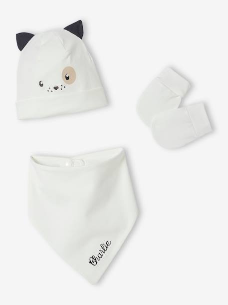 Ensemble chien bonnet + moufles + foulard bébé imprimé personnalisable blanc 6 - vertbaudet enfant 