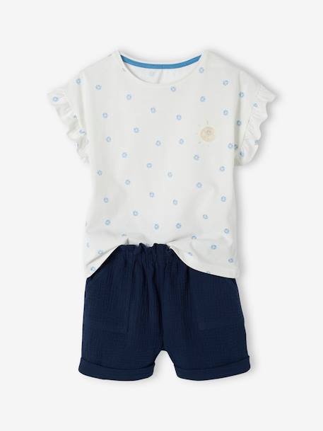 Ensemble t-shirt et short en gaze de coton fille marine+pêche 1 - vertbaudet enfant 