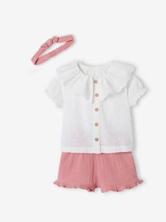 -Ensemble 3 pièces bébé blouse brodée, short en gaze de coton et son bandeau assorti