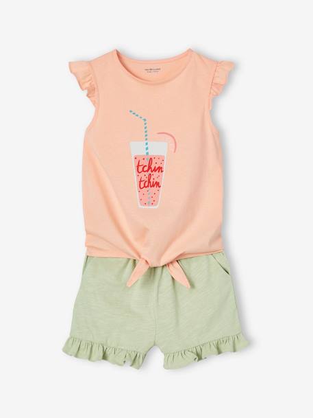 Ensemble T-shirt effet noué et short à volants fille corail+jaune d'or+vert d'eau 17 - vertbaudet enfant 