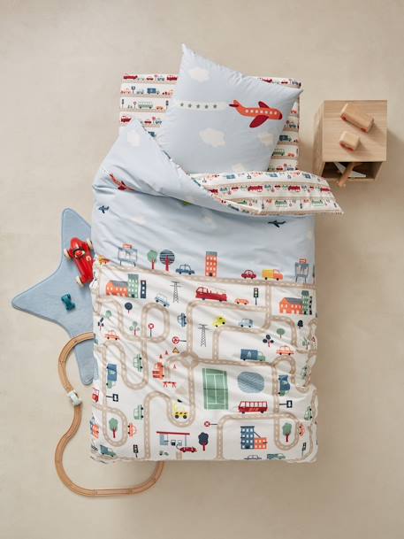 Parure housse de couette + taie d'oreiller enfant AUTO-CITY beige imprimé 1 - vertbaudet enfant 