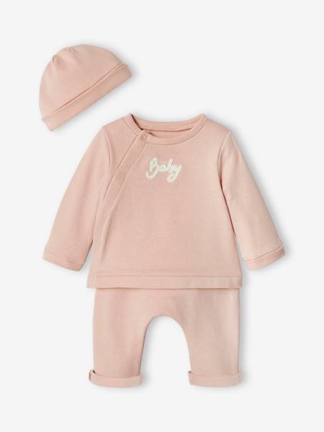 Ensemble bébé 3 pièces en molleton naissance beige chiné+rose poudré 9 - vertbaudet enfant 