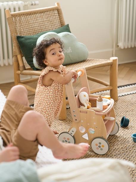 Chariot de marche poussette en bois FSC® rose+vert 4 - vertbaudet enfant 