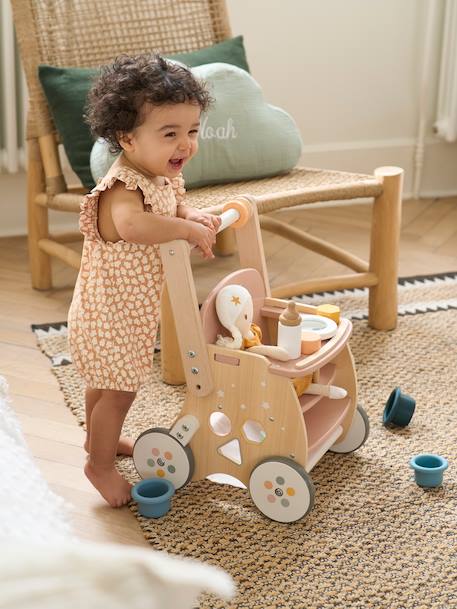 Chariot de marche poussette en bois FSC® rose+vert 2 - vertbaudet enfant 