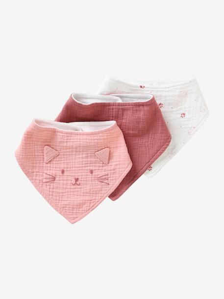 Lot de 3 bavoirs bandanas en gaze de coton beige imprimé+blanc+bleu glacier+écru+lot renard+lot vert panda+vieux rose 31 - vertbaudet enfant 