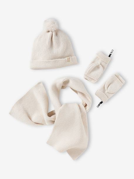 Ensemble fille en maille côtelée bonnet + écharpe + moufles/mitaines beige chiné+vieux rose 1 - vertbaudet enfant 