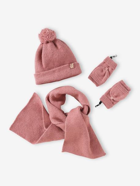 Ensemble fille en maille côtelée bonnet + écharpe + moufles/mitaines beige chiné+vieux rose 10 - vertbaudet enfant 