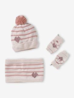 -Ensemble bonnet + snood + moufles/mitaines rayures/coeur fille