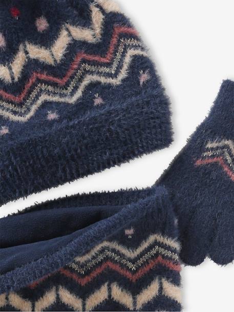 Ensemble bonnet + snood + gants ou moufles jacquard fluffy fille bleu nuit 6 - vertbaudet enfant 