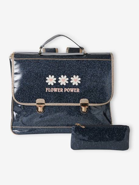 Cartable + trousse pailletés 'Flower power' fille bleu nuit 2 - vertbaudet enfant 