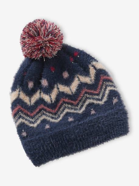 Ensemble bonnet + snood + gants ou moufles jacquard fluffy fille bleu nuit 2 - vertbaudet enfant 