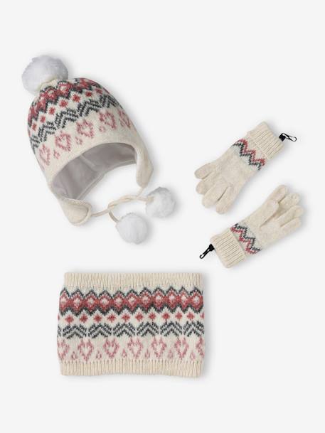 Ensemble bonnet + snood + gants ou moufles en maille jacquard fille beige chiné 1 - vertbaudet enfant 