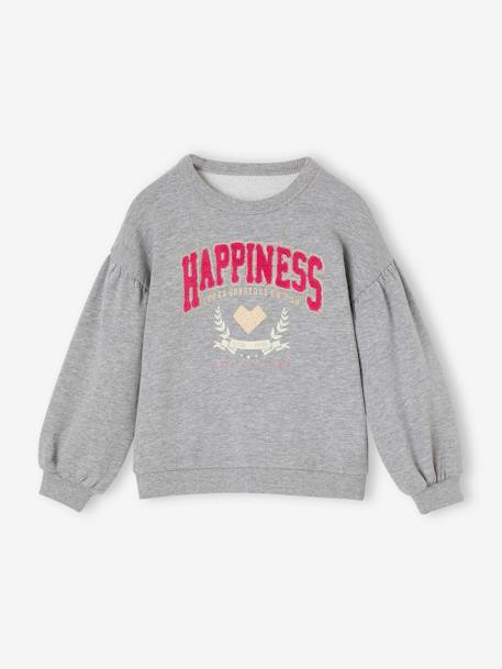 Sweat sport fille 'Hapiness' en bouclette et détails irisés fille gris chiné 2 - vertbaudet enfant 