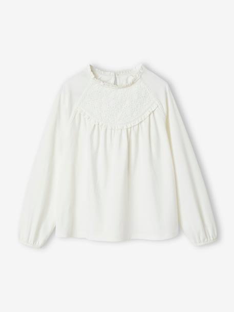 Tee-shirt blouse détail en broderie anglaise fille écru+rose poudré+vert foncé+vieux rose 2 - vertbaudet enfant 