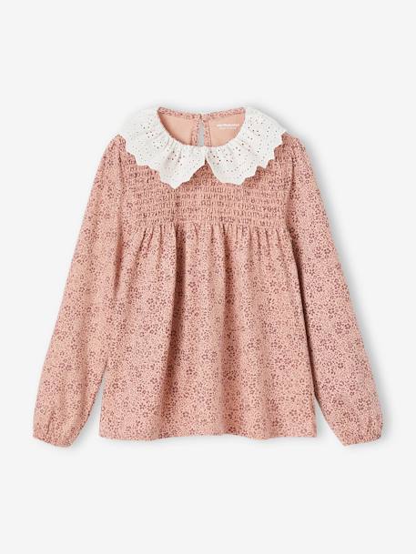 T-shirt blouse col en broderie anglaise fille marine rayé+rose poudré 10 - vertbaudet enfant 