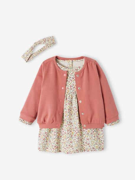 Ensemble 3 pièce robe + cardigan + bandeau bébé fille ivoire imprimé+vieux rose 11 - vertbaudet enfant 