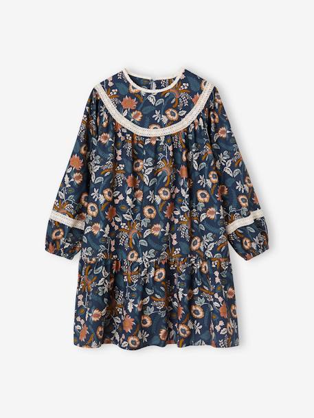 Robe à fleurs détails en dentelle fille beige+bleu nuit+vert 4 - vertbaudet enfant 