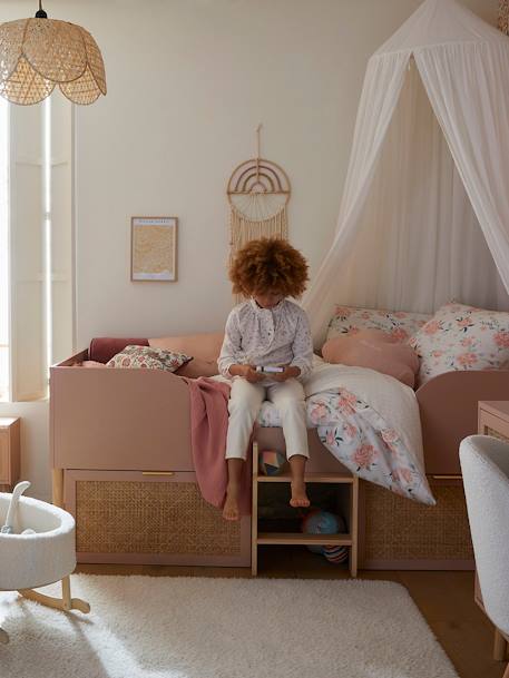 Lit enfant surélevé avec rangements cannage LIGNE POÉSIE rose nude 3 - vertbaudet enfant 