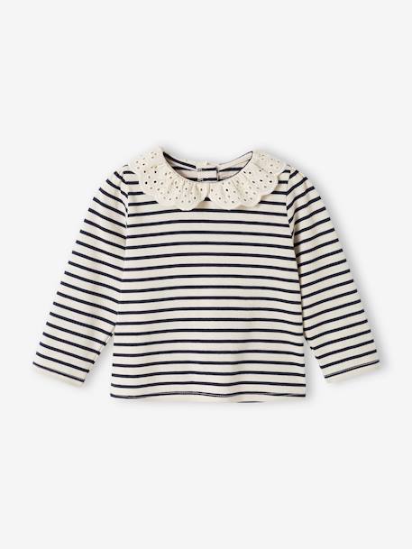 T-shirt col brodé bébé manches longues beige clair+rayé marine+rayé rouge 9 - vertbaudet enfant 