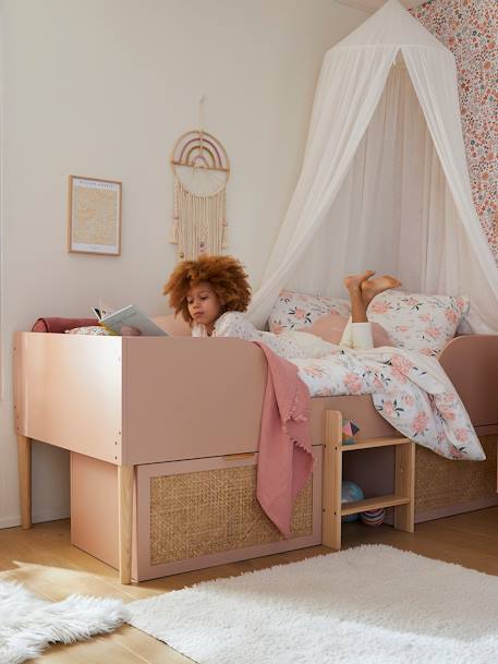 Lit enfant surélevé avec rangements cannage LIGNE POÉSIE rose nude 2 - vertbaudet enfant 