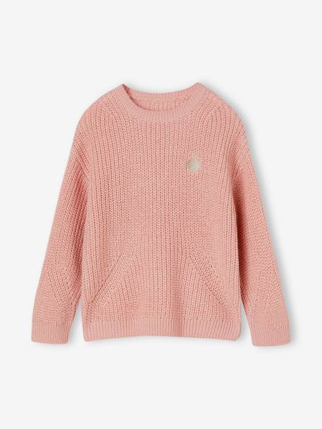 Pull maille perlée animation badge irisé fille écru+rose poudré 7 - vertbaudet enfant 