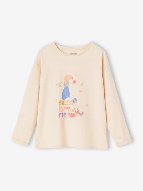 Tee-shirt 'Egérie' détails fantaisie fille manches longues beige poudré+vieux rose 3 - vertbaudet enfant 