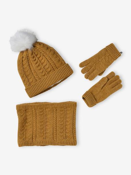 Ensemble bonnet + snood + gants ou moufles en maille torsadée fille écru+moutarde 11 - vertbaudet enfant 