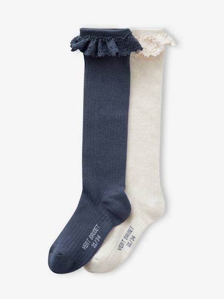 Lot de 2 paires de chaussettes hautes en maille ajourée et dentelle fille marine 1 - vertbaudet enfant 