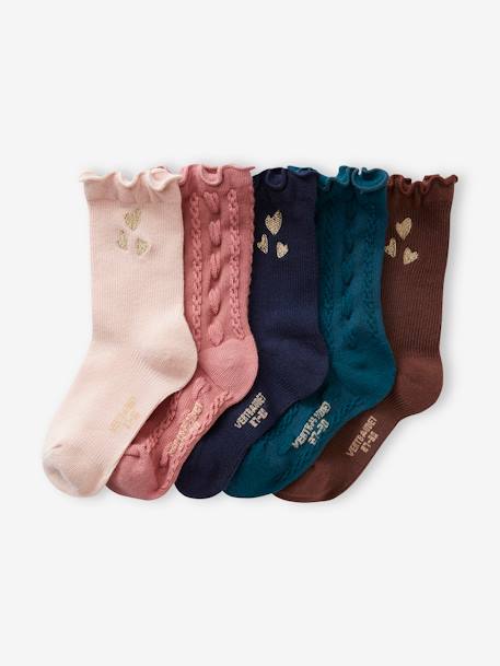 Lot de 5 paires de chaussettes coeurs en maille torsadée et côtelée fille rose poudré 1 - vertbaudet enfant 